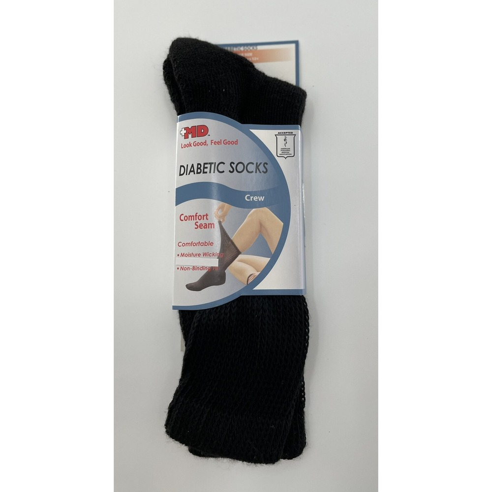 +MD PlusMD Diabetic Crew Socks Black non binding seamless‎ one pair